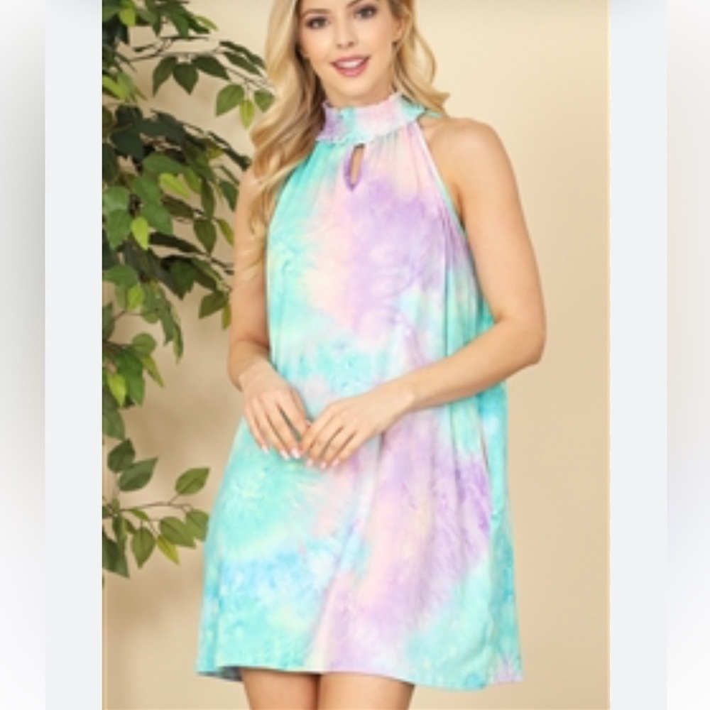 New Boutique Women’s S Perfect Peach multi pastel smocked halter tie dye dress